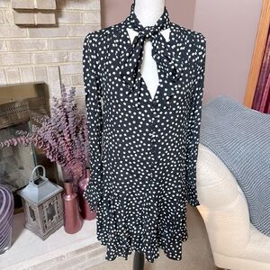 ANTHROPOLOGIE Long Sleeve Tie Neck Swing Mini Dress - Black & White